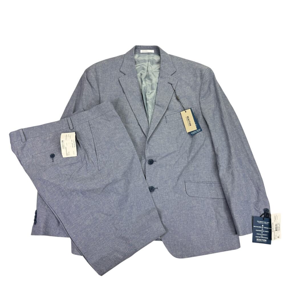 Kenneth Cole Mens 2-Piece Linen Solid Slim Fit Stretch Suit Light Blue 44S 37W